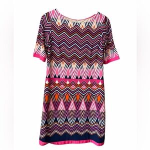 Eliza J Geometric Print Shift Dress Size 10 Pink Navy Orange Zip Back Lined